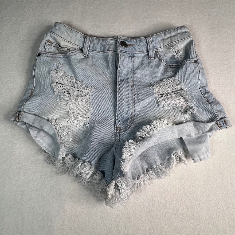 Tinseltown Distressed Light Wash Denim Shorts High Rise Frayed Size 9 Festival